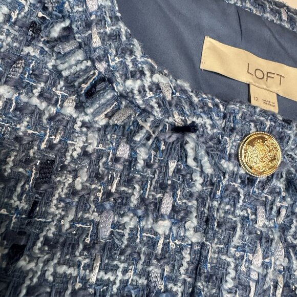 LOFT Womens Tweed Mini Pocket Dress 12 Blue Gold Buttons Fringe Old Money 60s - Picture 9 of 16